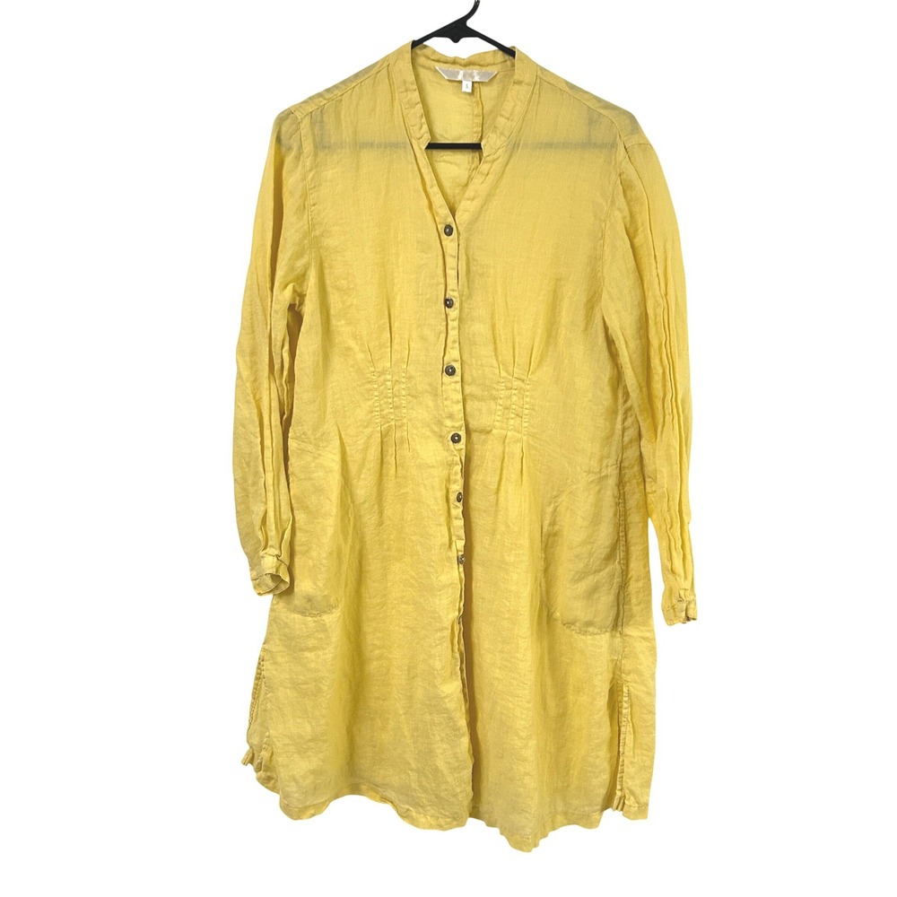 Lagenlook Ramie Button Front Tunic Dress Long Sleeve Yellow S Kleen Boho Earthy